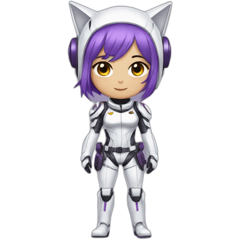 Anime mech pilot girl with short straight purple hair white pilot suit and short metal cat ears emoji