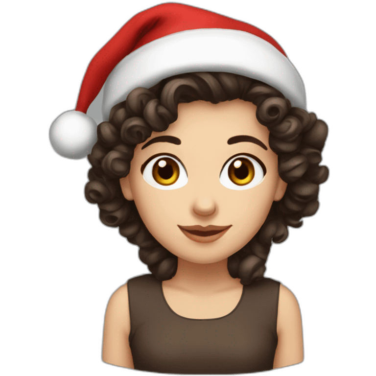 white-girl- short curly dark brown hair- dark brown-eyes-wearing-santa-hat emoji