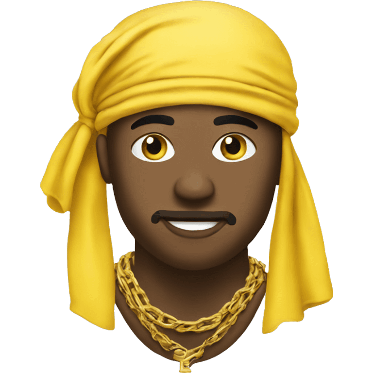 yellow emoji with a durag with all the caribbean falgs on it wearing a gold chain emoji