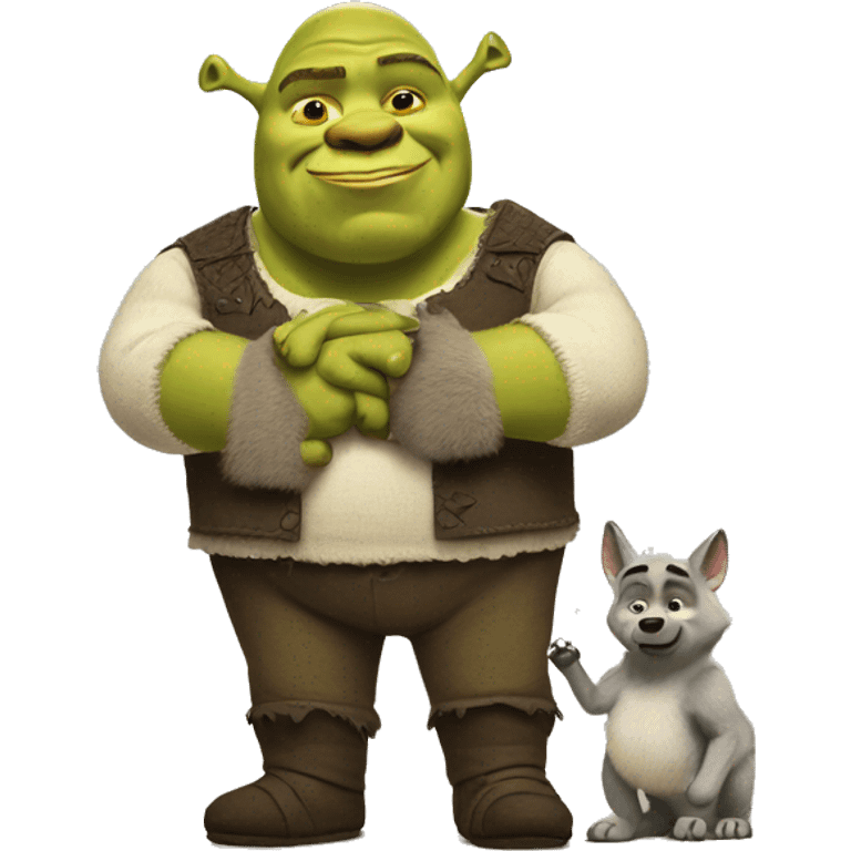 Shrek with a big baby holding hands with a wolf emoji