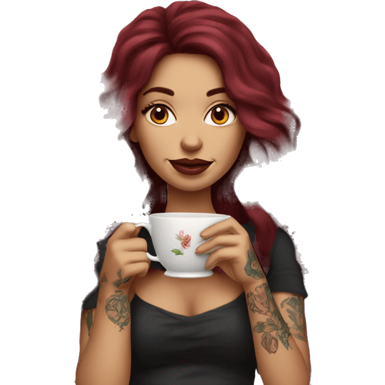 Beautiful tattooed  burgundy long haired woman sipping tea emoji