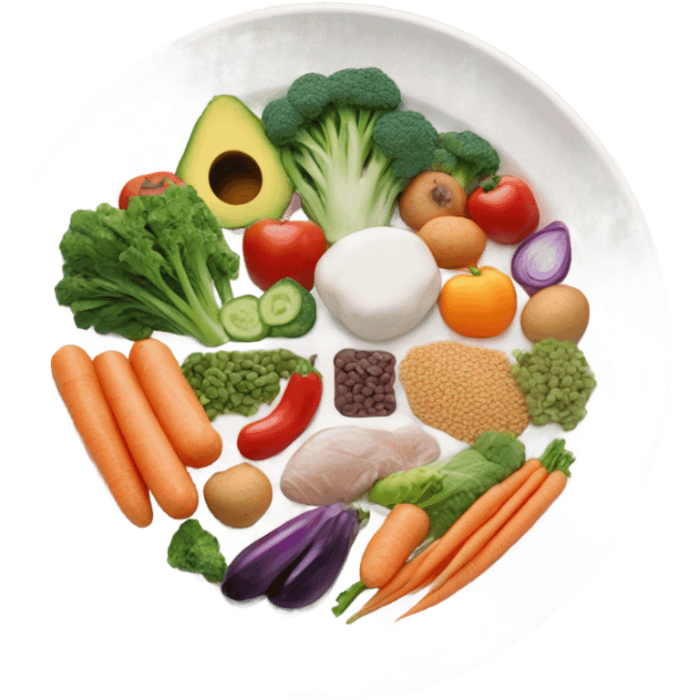 round white plate with healthy food emoji