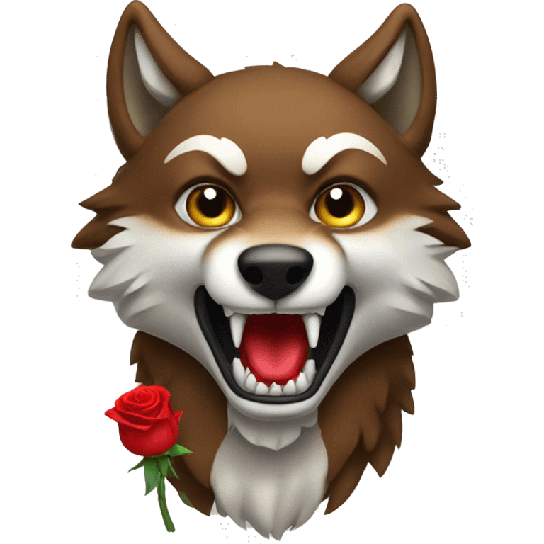 A red wolf with white fangs holds a rose emoji