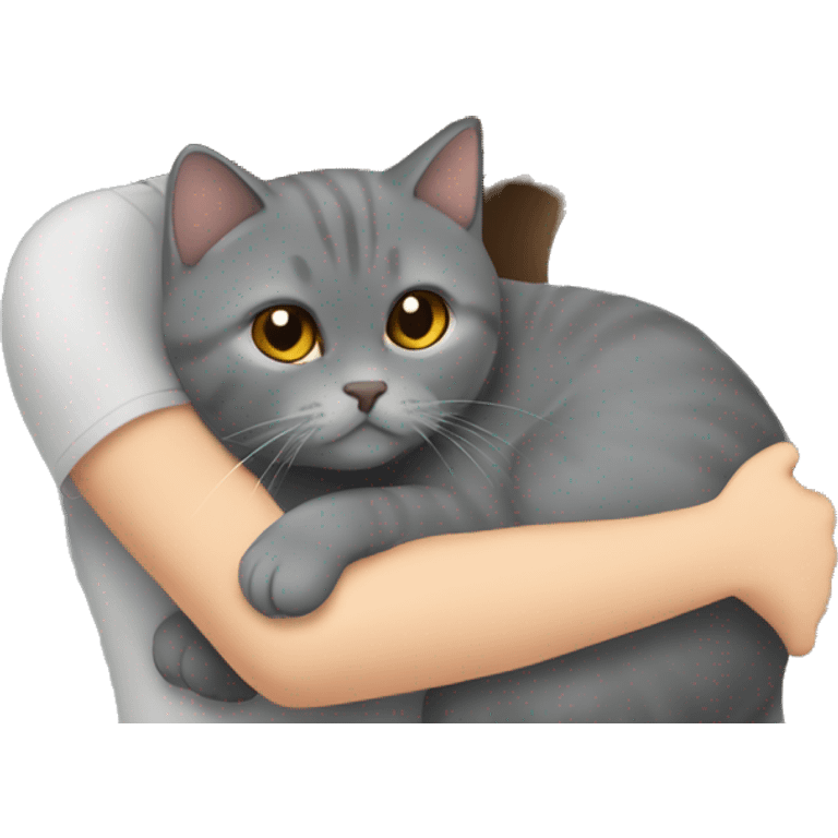 small British shorthair grey cat hugging long brown hair white woman emoji