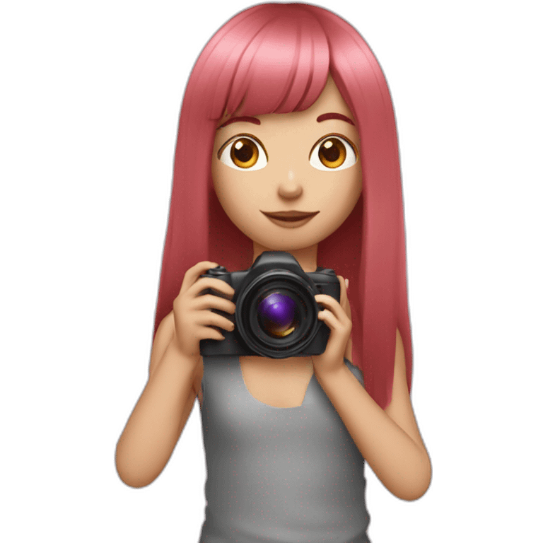 girl with long, straight rose hair and fringe and holding camera emoji