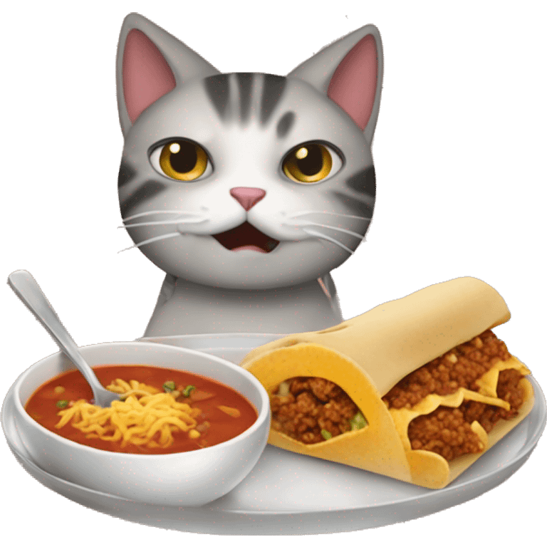 Cat eating soup, a burrito, and a sloppy Joe emoji