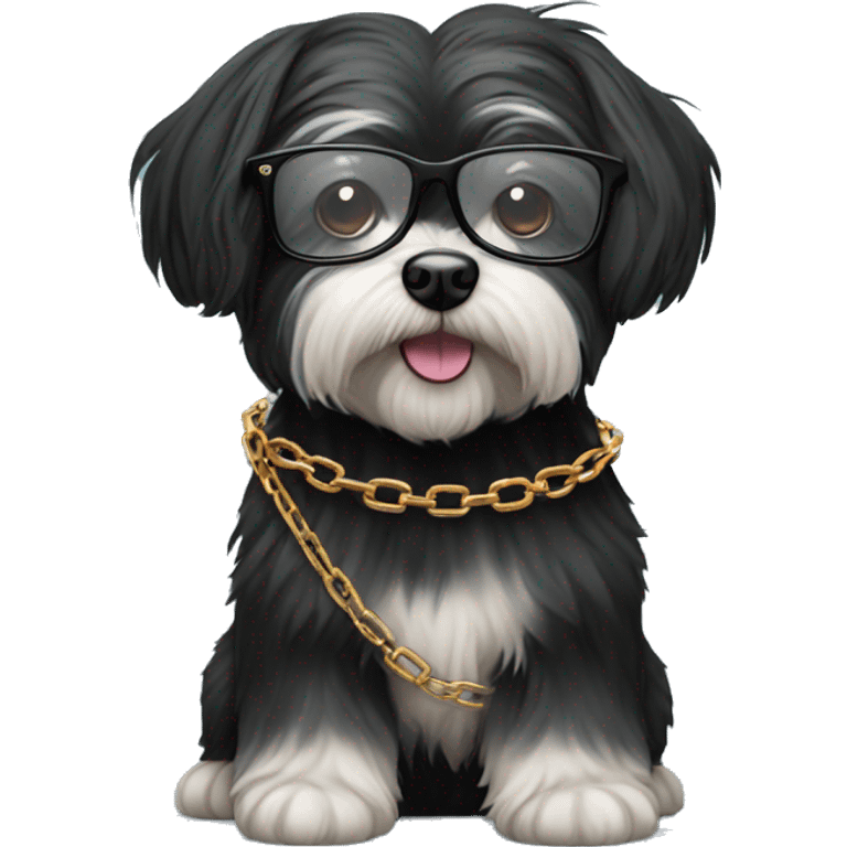 black havanese dog with glasses and a chain emoji