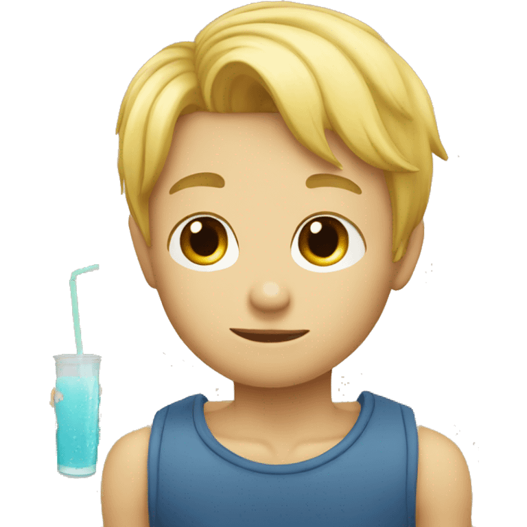 A blonde boy sucking juice, lateral view emoji