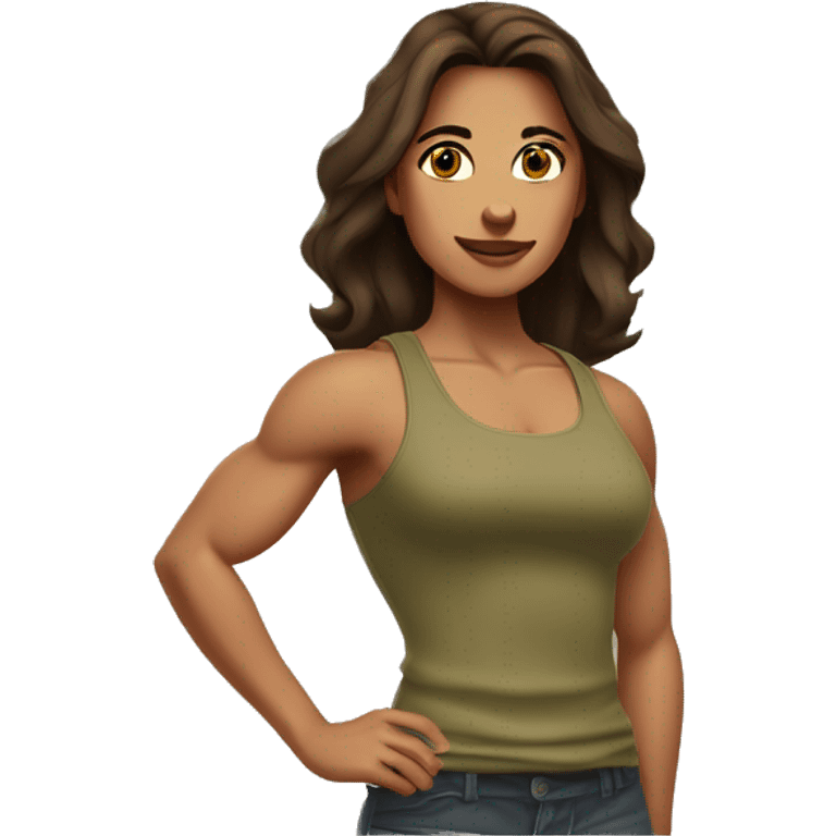 A muscular woman with long, smooth brown hair and brown eyes and bright skin, showing off her arm muscles, wearing a khaki tank top  emoji