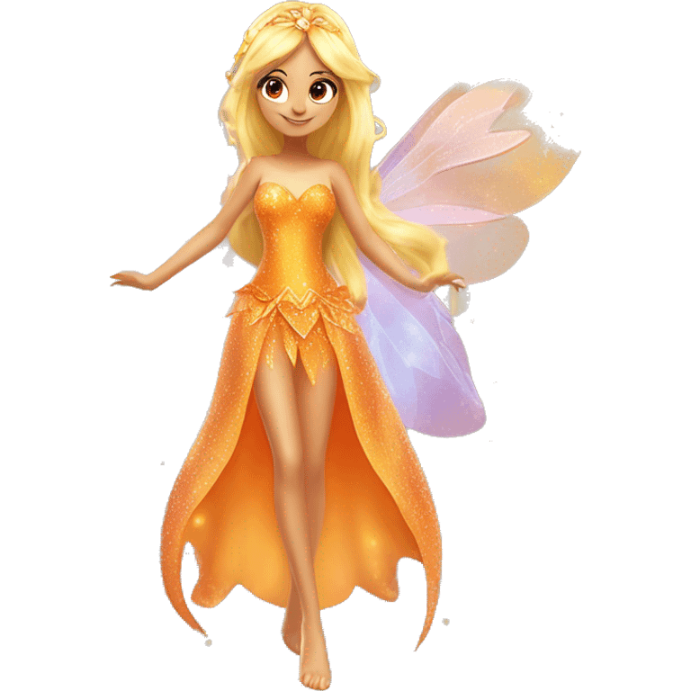 Stella adult latina fairy of nature in her enchantix fairy orange clothing and fairy enchantix wings and long blonde hair from winx club. Small eyes, Lots of sparkles and fairydust. Full body and full fairy bliss emoji