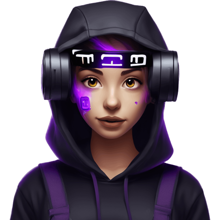 Russian girl wearing black hoody with violet letters "OMG", in vr headset. Cyberpunk style. Violet neon. emoji