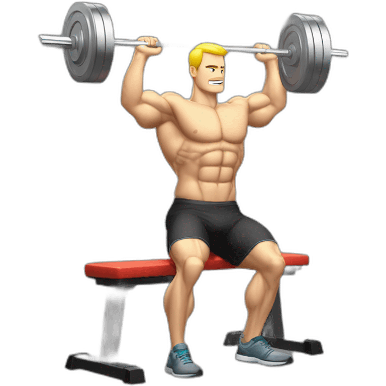 white man on musculation bench with portable computer used as dumbbels doing bench press, computers should be used in place of the weights on the bar emoji