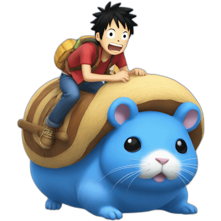 Luffy rides a giant blue hamster emoji