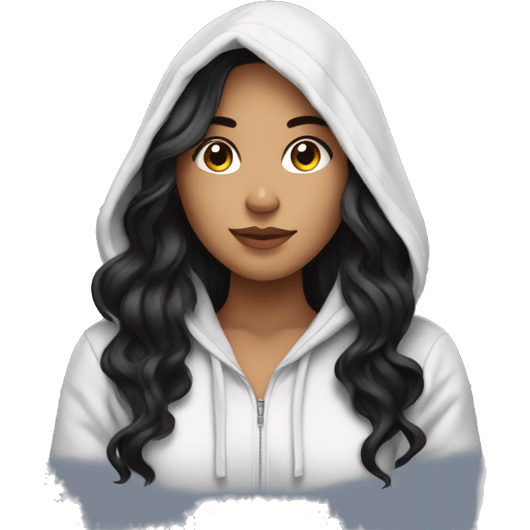 Pretty Latina girl with long black wavy hair in hoodie emoji