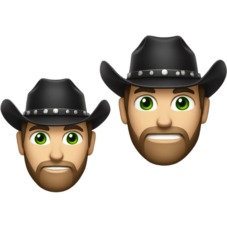 Caucasian male with green eyes, a dark beard dressed as a cowboy with short hair wearing a cowboy hat black emoji