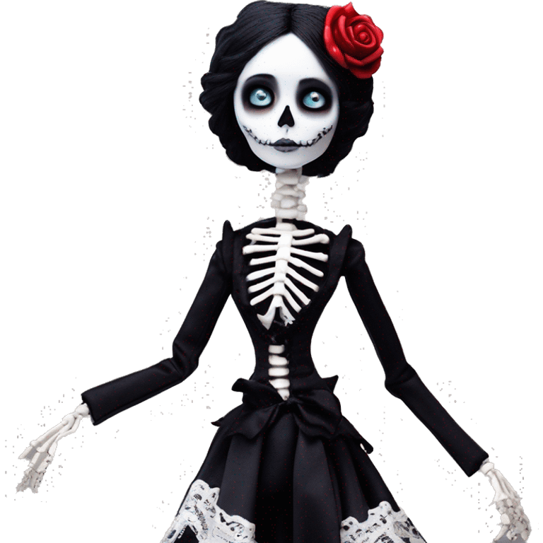 full height skeleton, tim burton "corpse bride", thin porcelain doll with a cracked face, goth makeup watery eyes, long hair, lace and ruffles, lolita style, inked, black and white, red roses, gothic castle with roses emoji