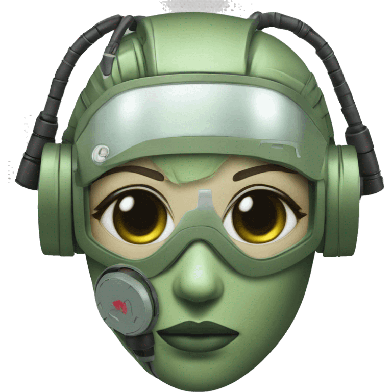 Olive green hair female cyborg head with respirator mask and circuits emoji