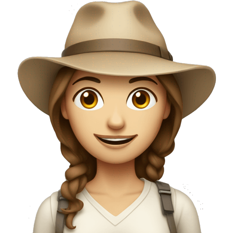 A woman with brown hair and a beige hat, winking with one eye and with a camera around her neck emoji