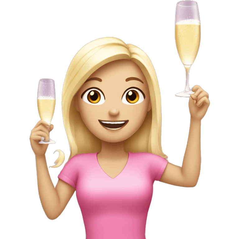 Blonde girl cheering up with champagne over head pink emoji