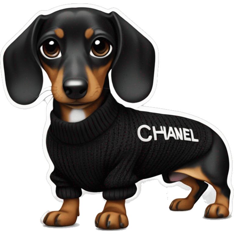 Dachshund wearing black and white Sweater with chanel logo  emoji