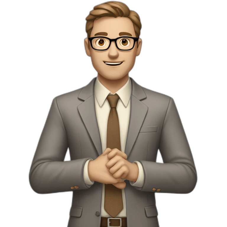 To belt Actively gesturing with hands 👌 Pale skinned fit man with dark brown hair in gray jacket, beige office shirt, brown tie, brown pants and vintage glasses. emoji