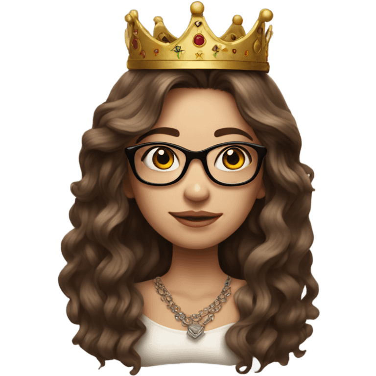 Hyperrealistic girl with long brown hair wearing a crown and glasses, arm tattoos emoji