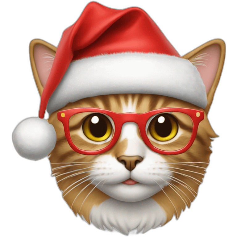 Cat wearing santa hat and red glasses emoji