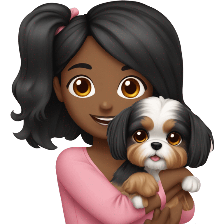 Black hair girl holding a Yorkie Shih Tzu puppy￼ emoji