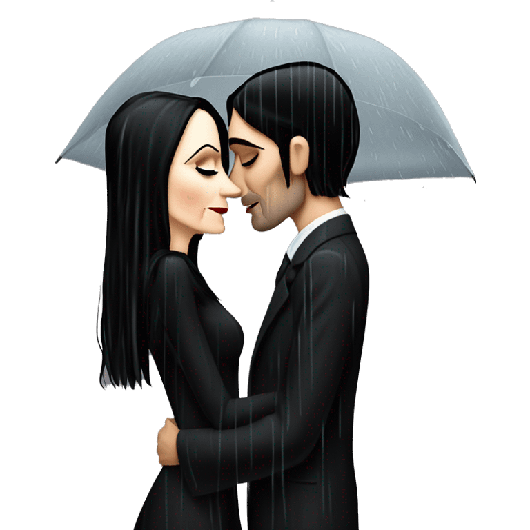 Realistic morticia addams kissing sweetly Kurt Cobain in the rain. emoji