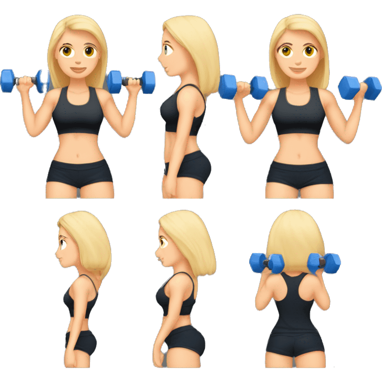 blonde woman working out with a black tank top and a blue shorts and she is holding a dumbell emoji