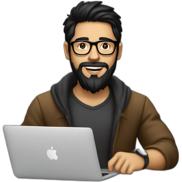 Designer with black hair, beard and glasses working with MacBook and drinking cappuccino  emoji