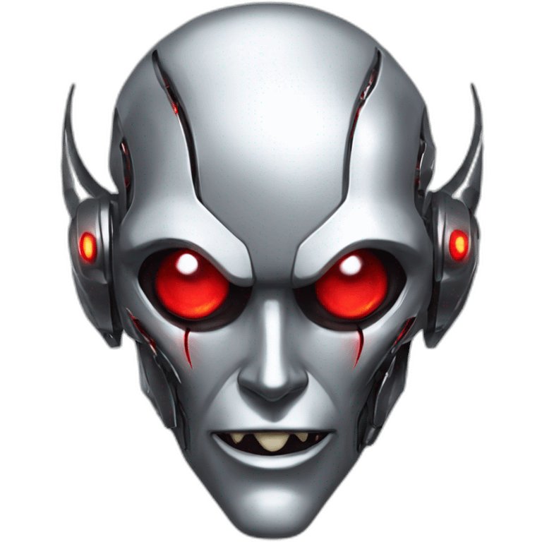 Cyber futuristic silver vampire robot face  red eyes, long ears and vampire fangs emoji