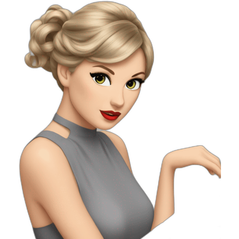 Taylor swift with a gray dress, atacher hair in ponytail in front of a piano emoji