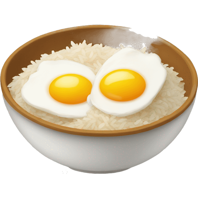 a bowl of rice with two eggs and chicken thigh upright emoji