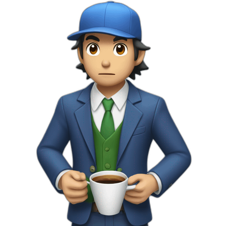 ash ketchum with a suit, holding a coffee cup, and whistling emoji