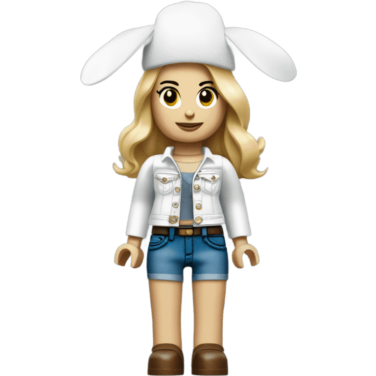 Lego toy girl whole body with white rabbit hat and beggy jeans emoji