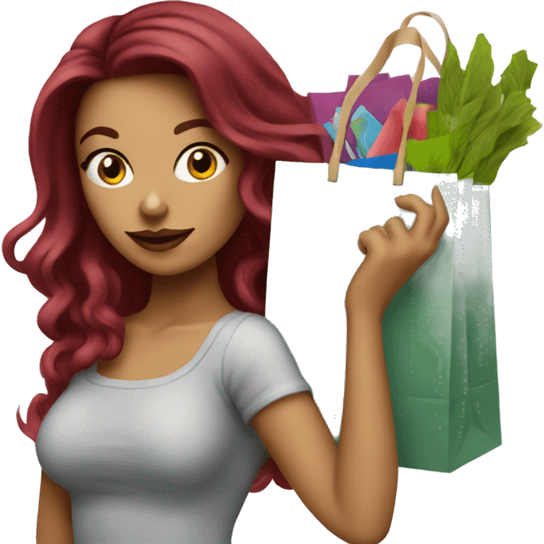 Beautiful tattooed burgundy long haired woman carrying a lot of shopping bags emoji