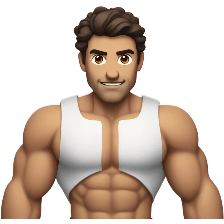 a muscular greek body goal guy flexing no moustache or beard and wavy dark brown hair  emoji