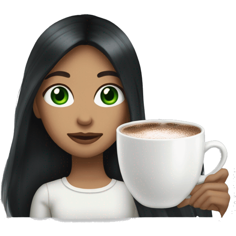 Girl with long black hair and green eyes, wearing white with a cup of hot chocolate  emoji