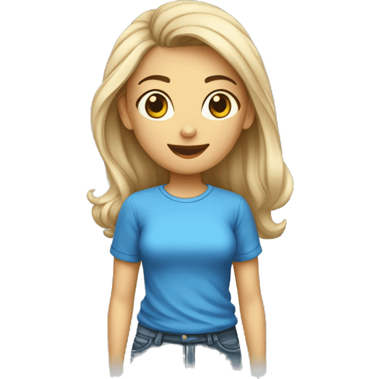 mulher loira com uma camiseta azul escrito link oferta emoji