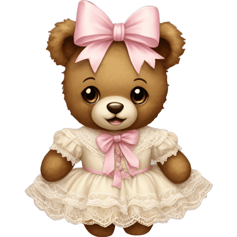 vintage rococo teddy bear with a light pink bow that has lace and frills emoji