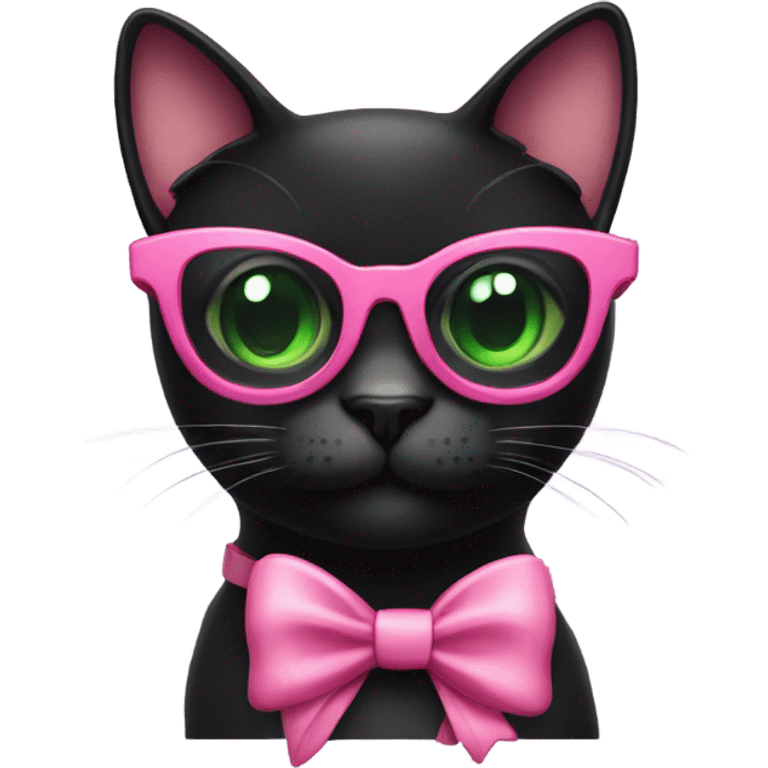 Black Cat with green eyes wearing sunglasses and a pink bow by the ear emoji