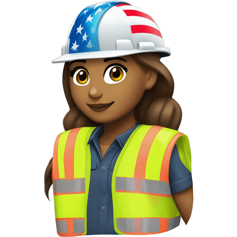 Ariana Grande is a construction worker wearing a patriotic dress with a neon yellow safety vest over the dress. she also has a hard hat and a patriotic patch on the vest emoji