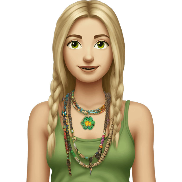 Caucasian hippie girl with straight dirty blonde hair, green eyes, baggy colorful pants and a tank top, LOTS OF bohemian bracelets and jewelry portrait emoji