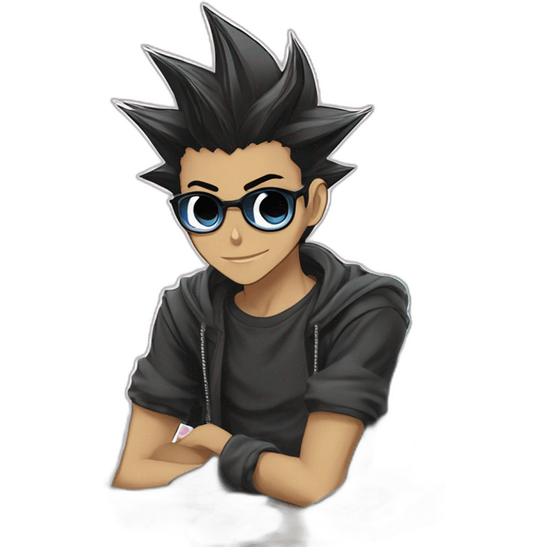 developer behind his laptop with this style :  yu-gi-oh manga anime with hacker themed character emoji