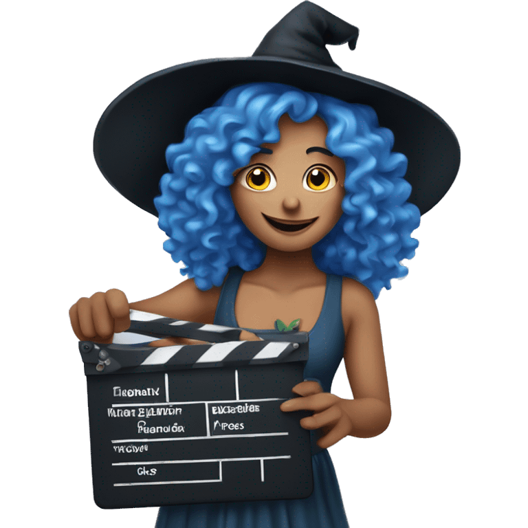 blue-curly-haired witch with a clapperboard in her hands emoji