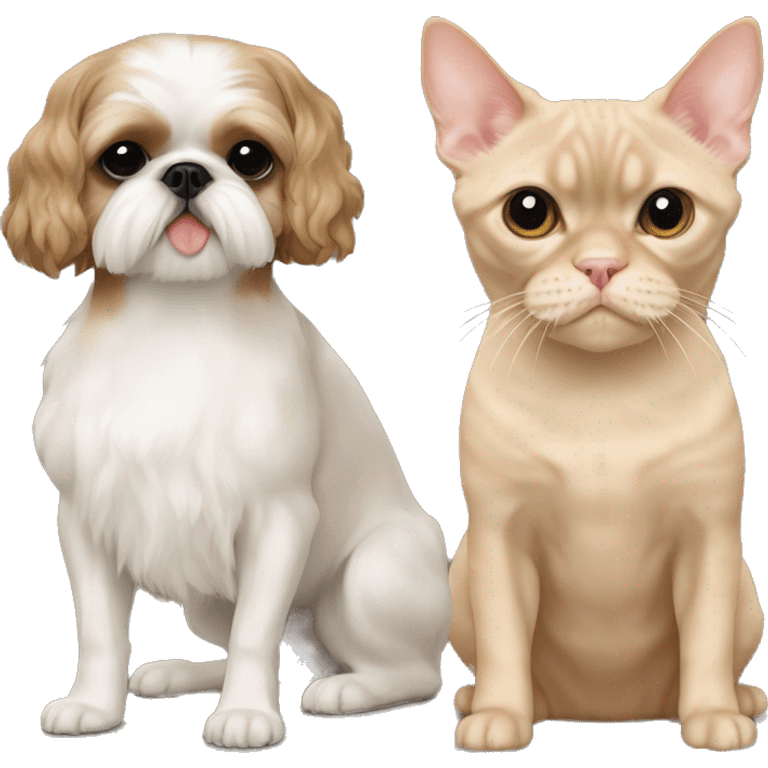 Beige shih tzu next to a beige Devon Rex cat  emoji