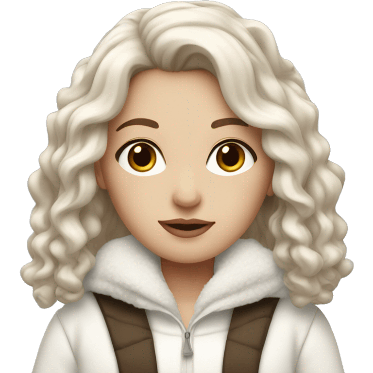 white girl with wavy brown hair and black eyes wearing a white and brown winter outfit emoji