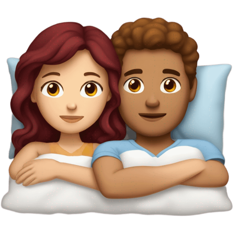 Burgundy haired girl and brunette boyfriend cuddling in bed emoji