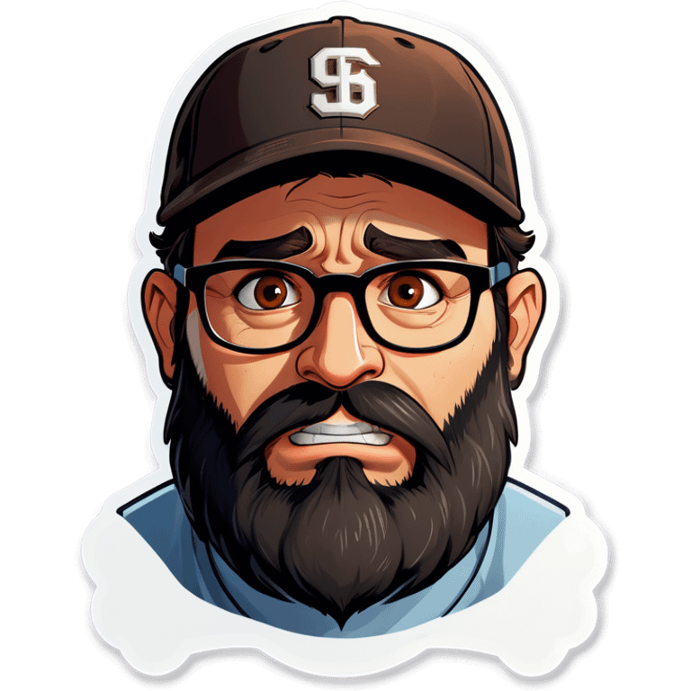 A man with a grey baseball cap, hazel eyes, big dark brown beard and glasses, crying emoji